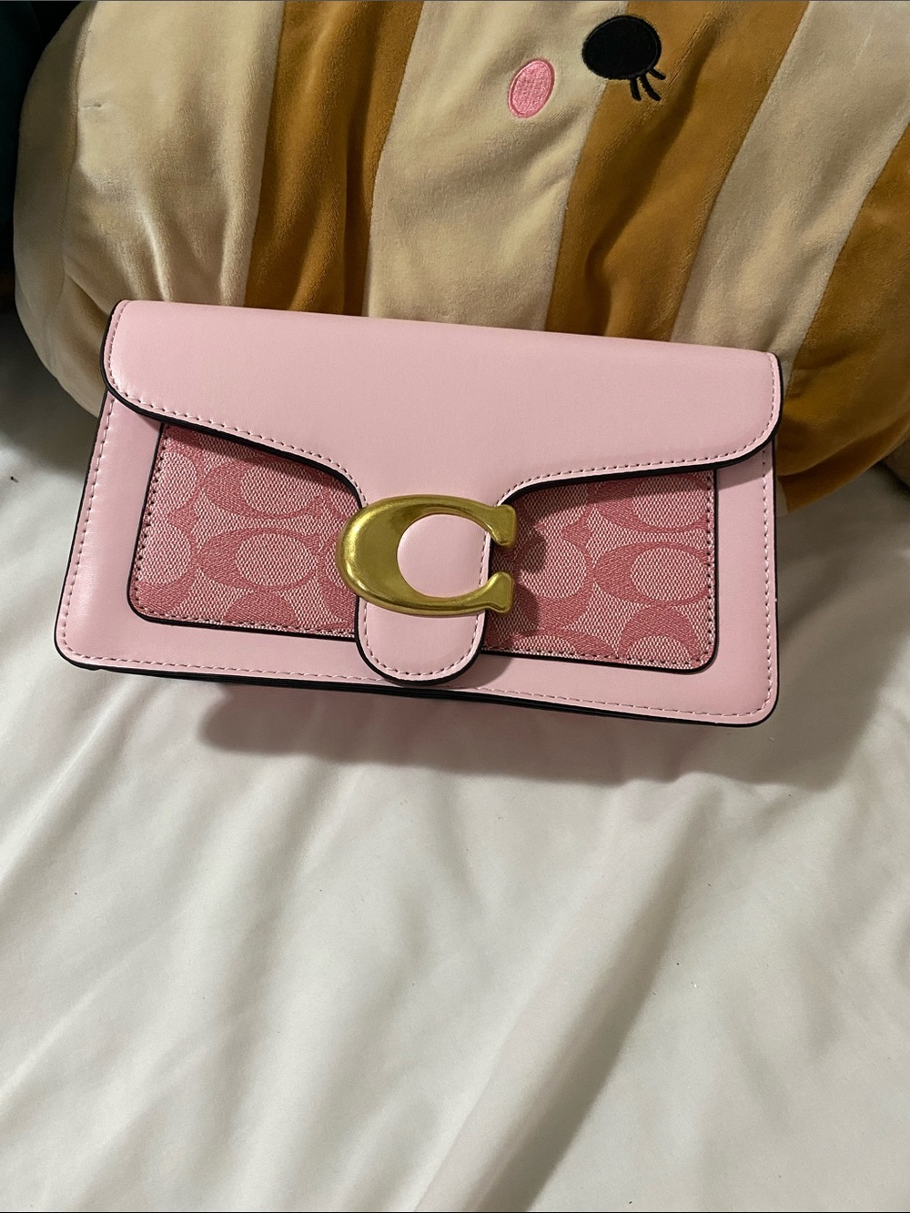 Coach Pink Leather and Signature Canvas Clutch with Gold C Logo